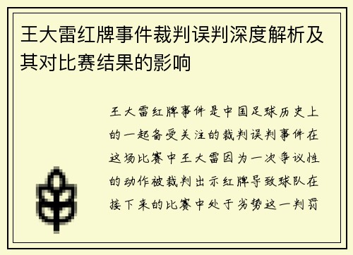 王大雷红牌事件裁判误判深度解析及其对比赛结果的影响 王大雷红牌事件裁判误判深度解析及其对比赛结果的影响